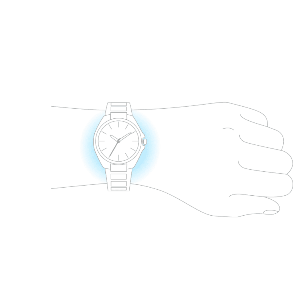 Een horloge om een pols, met een blauwe gloed eromheen.