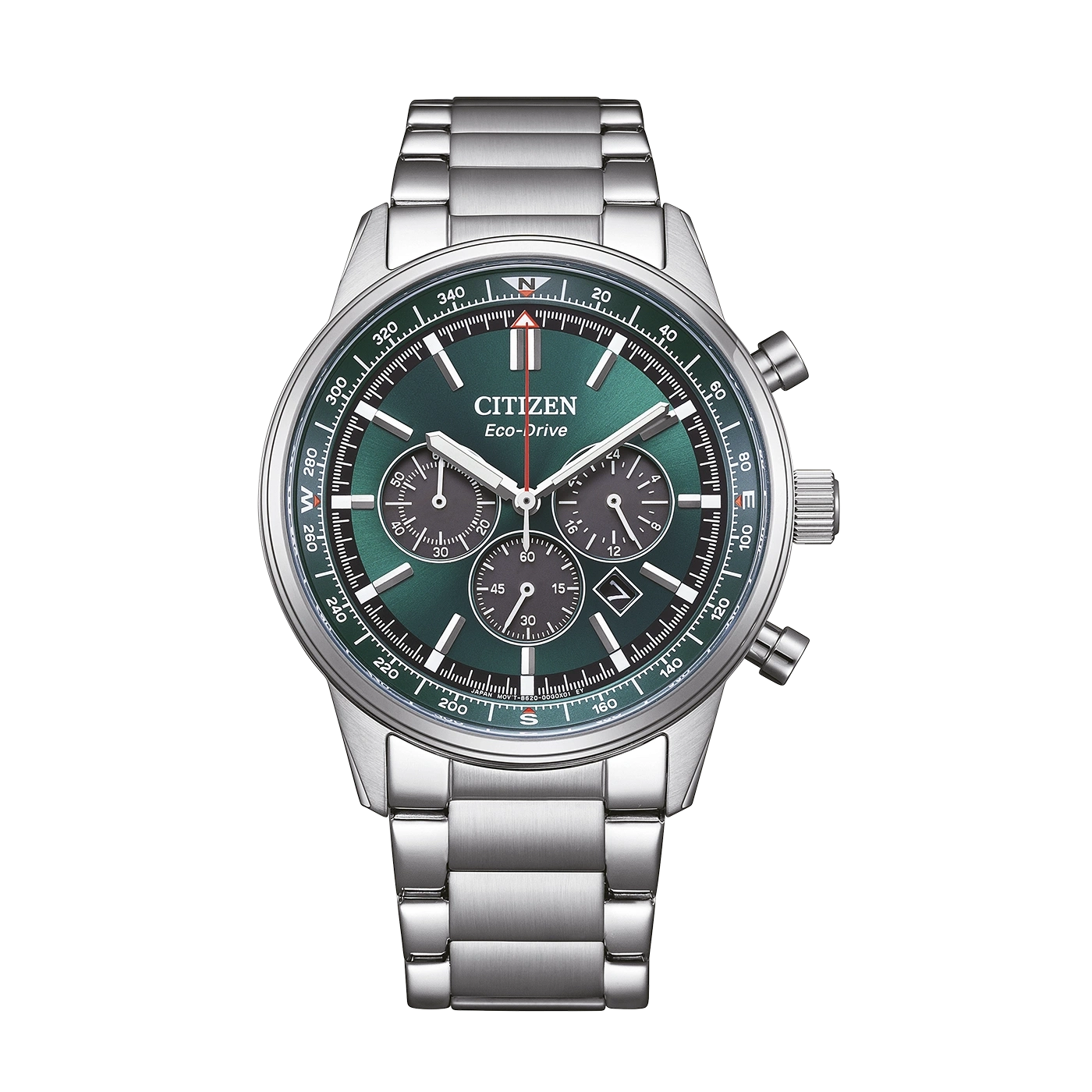 Een groene Citizen Eco-Drive chronograaf horloge met metalen band.