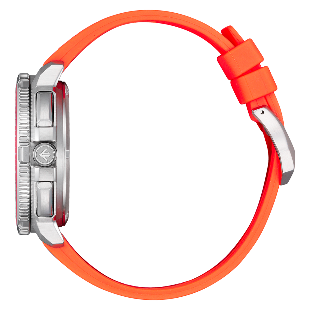 Zijaanzicht van een modern zilveren horloge met een oranje rubberen band.