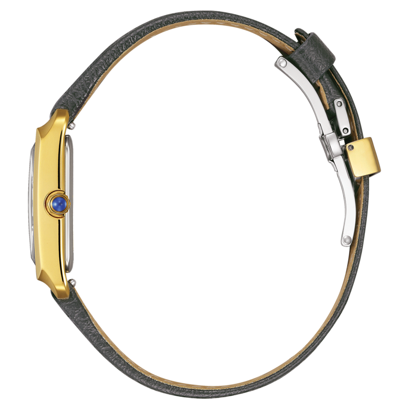 Gouden horloge met een blauwe edelsteen en een zwarte leren band, zijaanzicht.