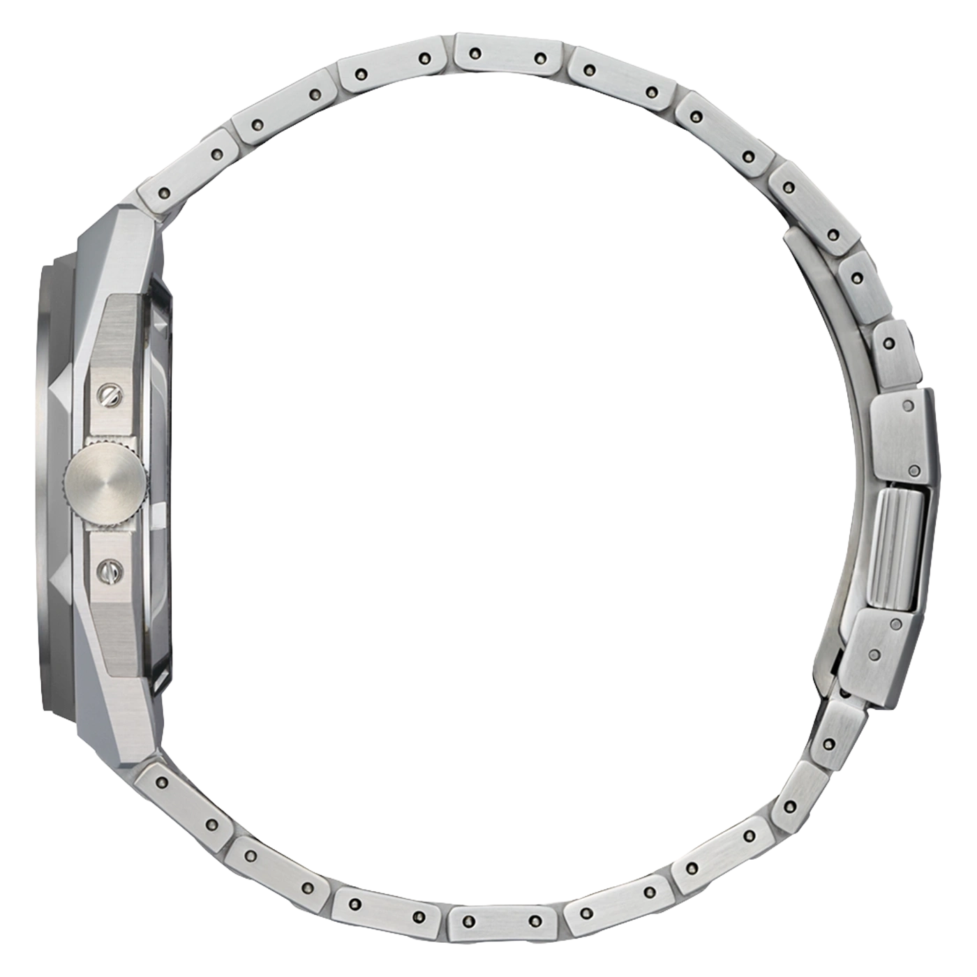 Zijaanzicht van een zilveren metalen horloge met een schakelband.