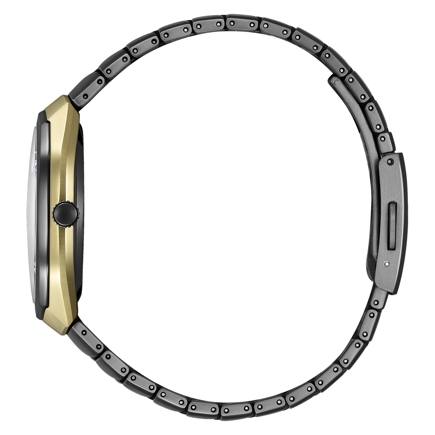 Zijaanzicht van een goudkleurig en zwart horloge met metalen band.