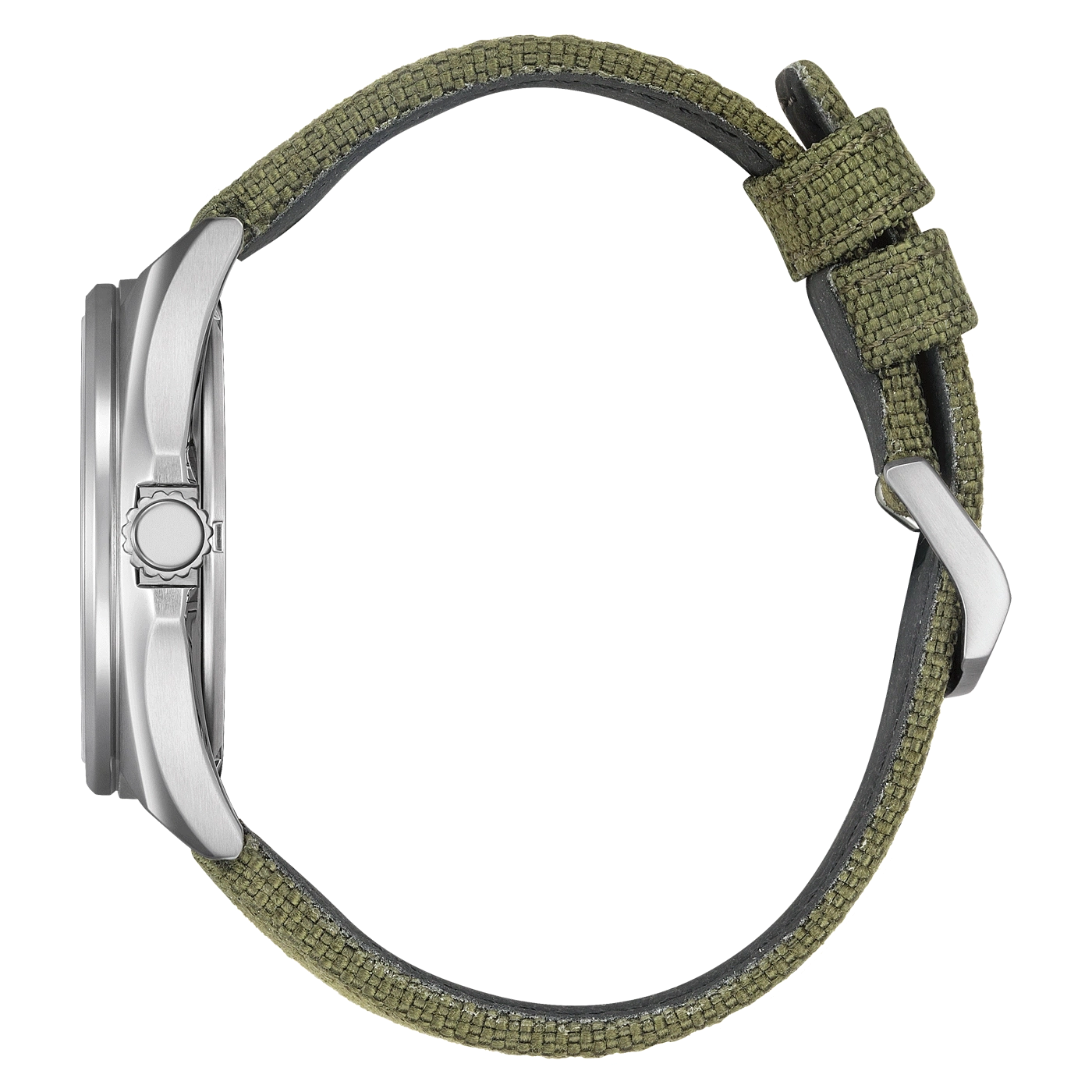 Zijaanzicht van een zilveren horloge met een groene stoffen band.