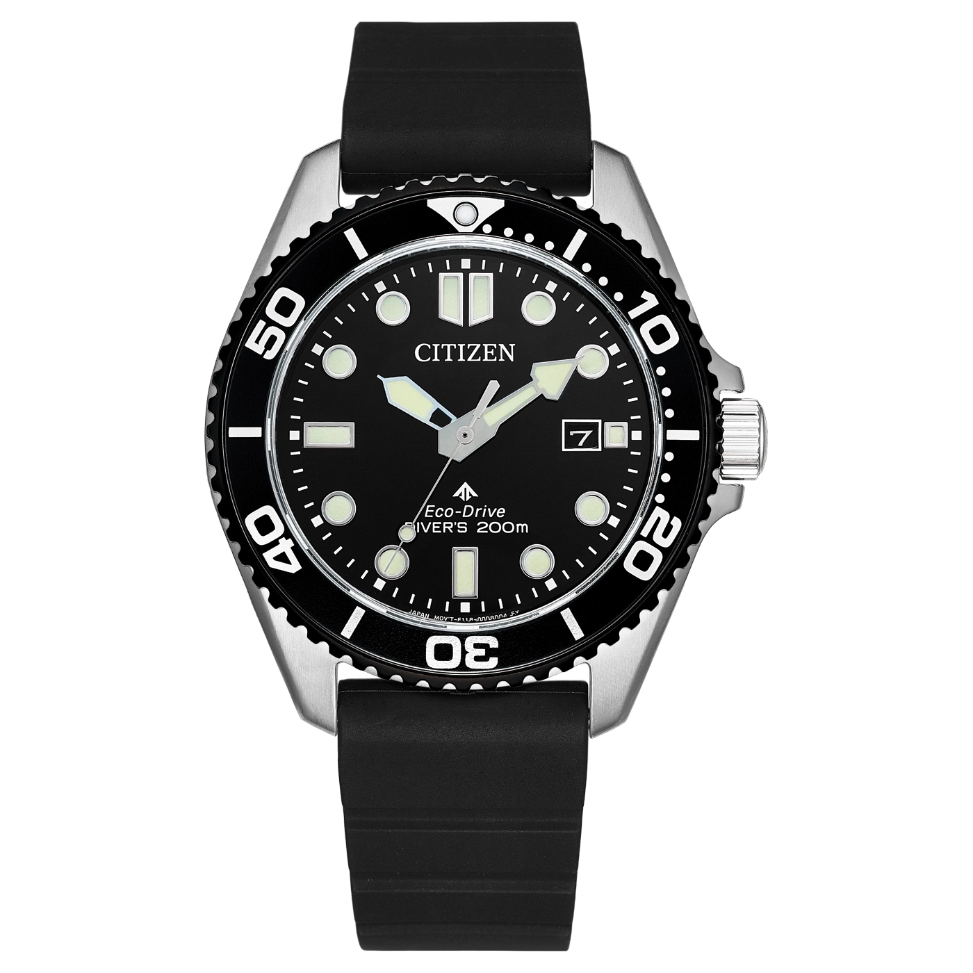 Een zwart Citizen Eco-Drive duikhorloge met een zwarte rubberen band.
