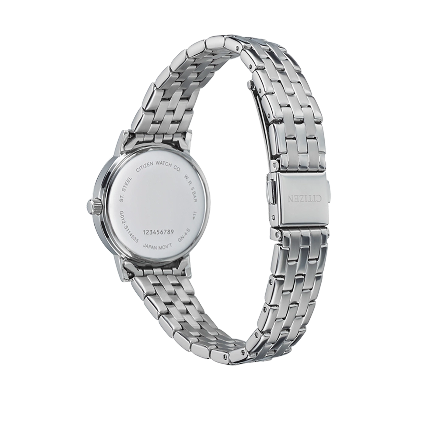 Citizen horloge, roestvrij staal, achteraanzicht, met merknaam en details.