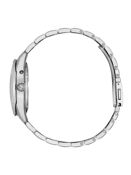 Zijaanzicht van een zilveren polshorloge met metalen band op groene achtergrond.