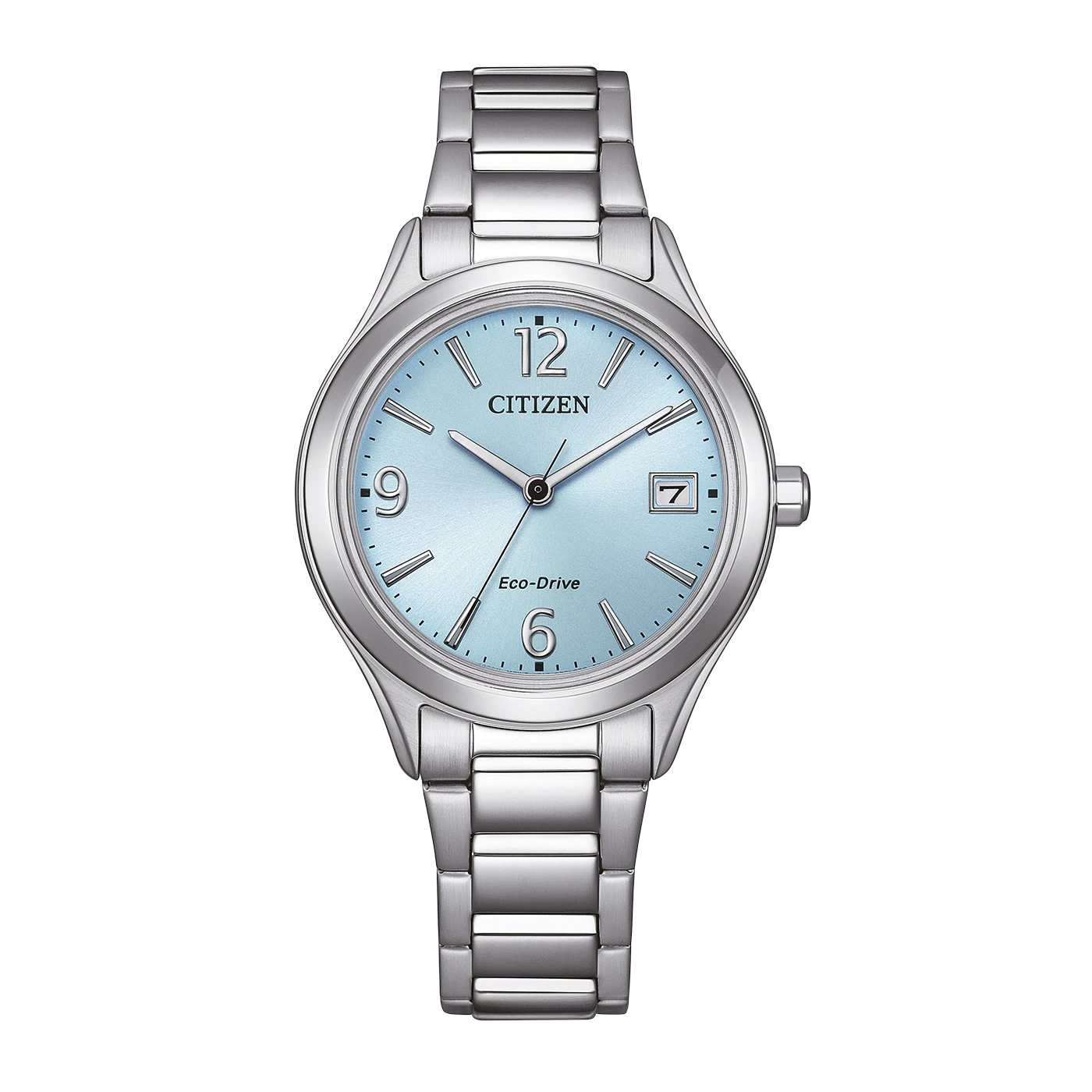 Een zilveren Citizen Eco-Drive horloge met een lichtblauwe wijzerplaat.