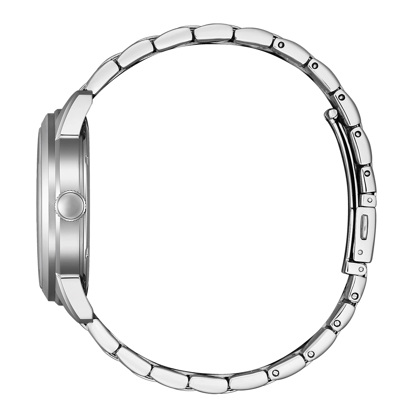 Zijaanzicht van een zilveren horloge met metalen band.