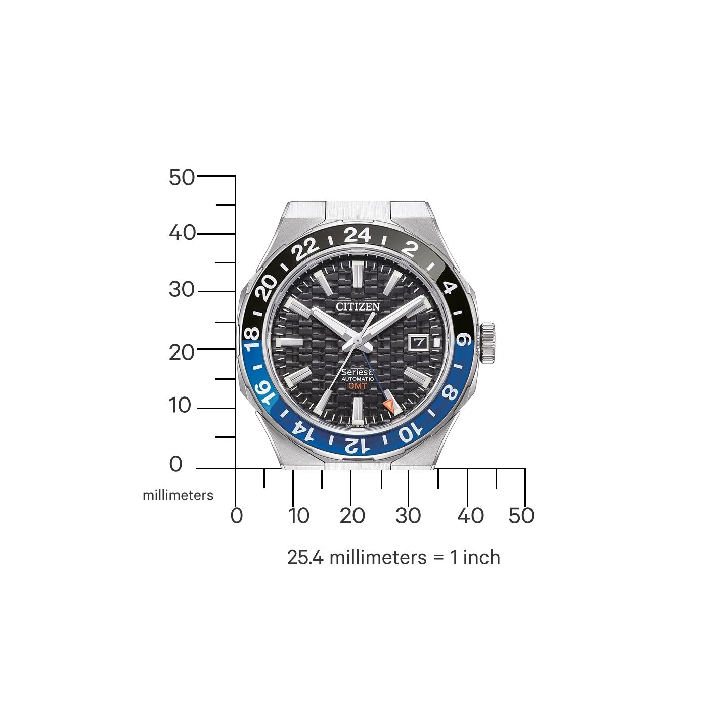 Citizen horloge met zwarte en blauwe bezel, toont tijd en metingen.