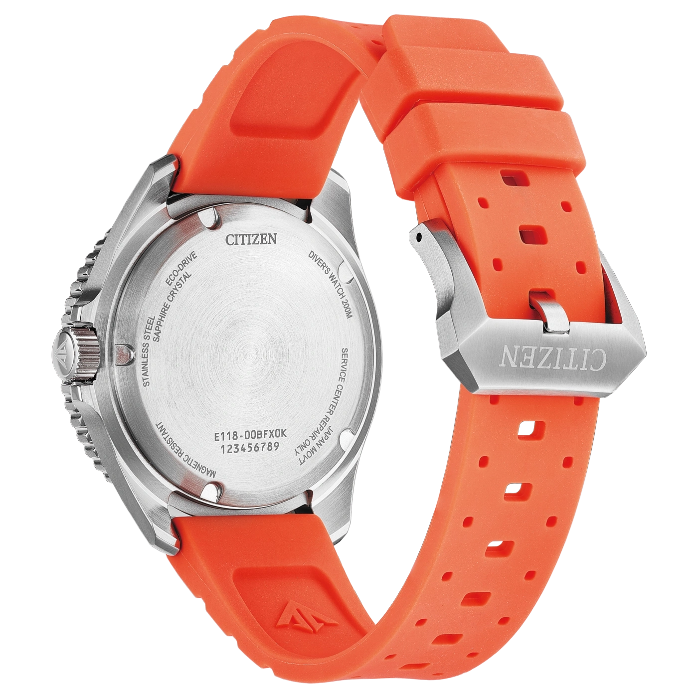 Achterkant van een Citizen duikhorloge met oranje rubberen band.