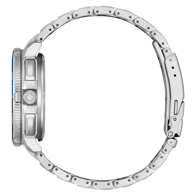 Zijaanzicht van een roestvrijstalen horloge met blauwe wijzerplaat.