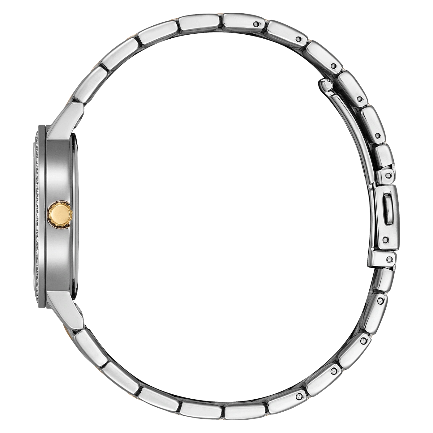 Zijaanzicht van een zilveren horloge met een gouden kroon en diamantaccenten.