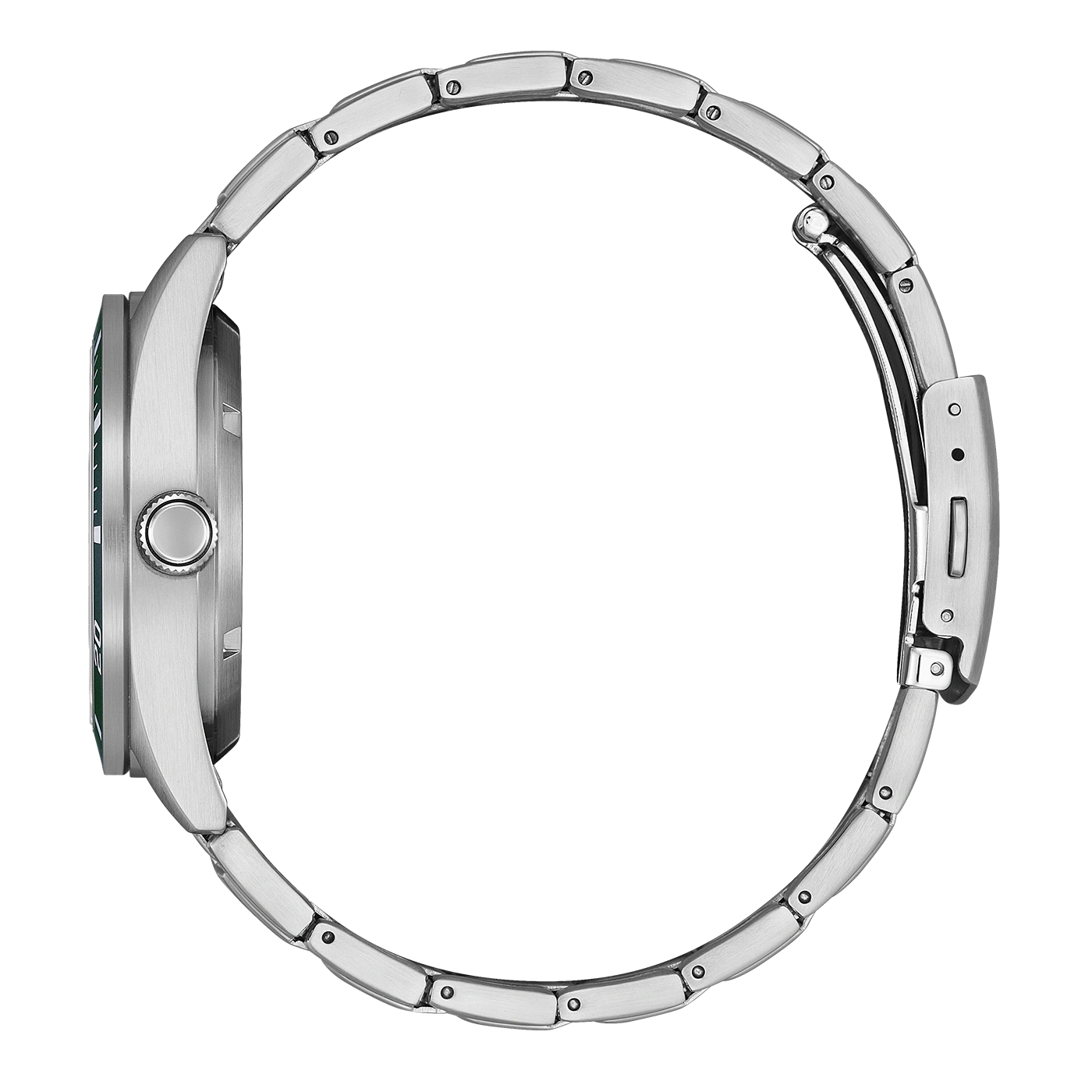 Zijaanzicht van een zilveren horloge met metalen band en groen wijzerplaat.