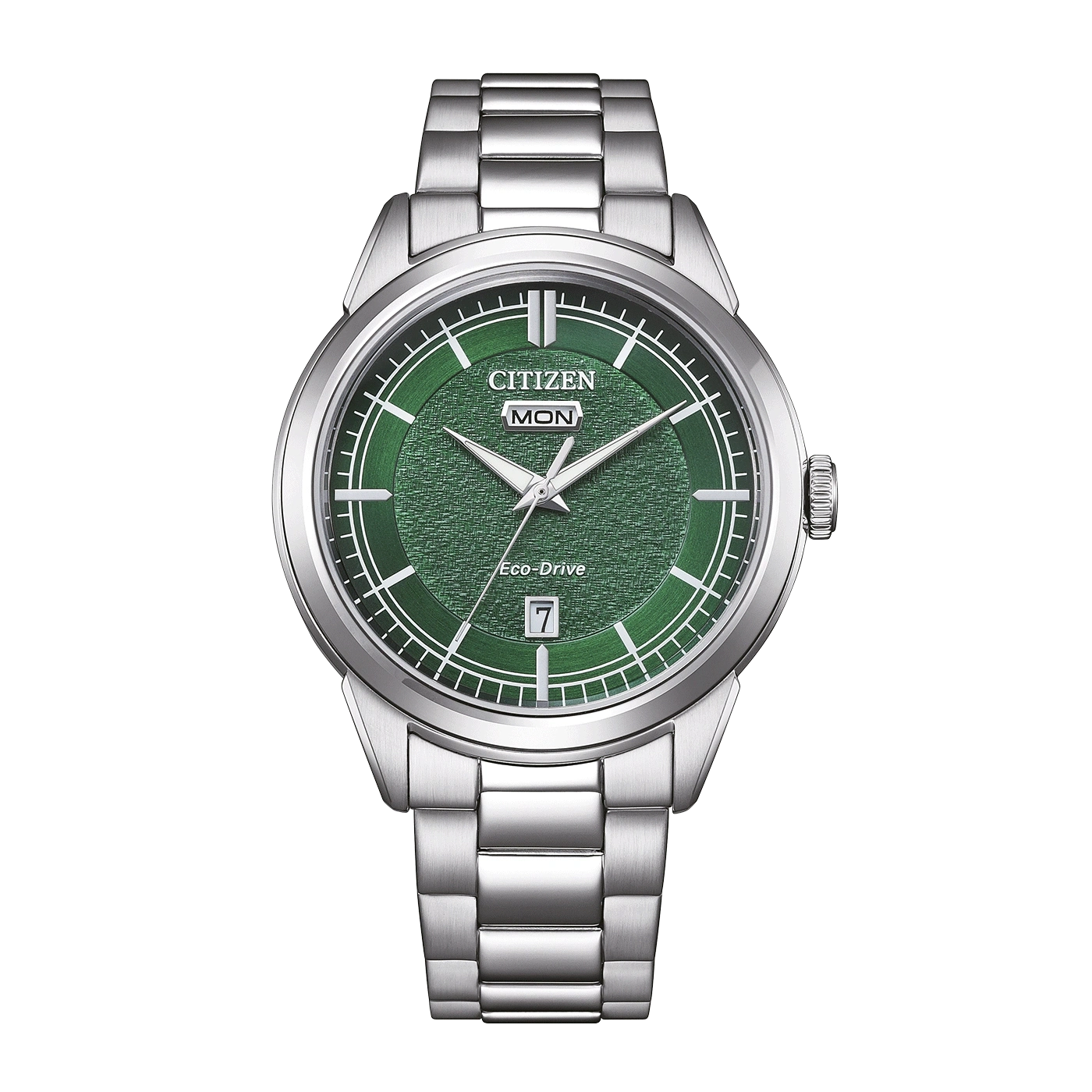 Een groene Citizen Eco-Drive horloge met zilveren band en dag/datum weergave.