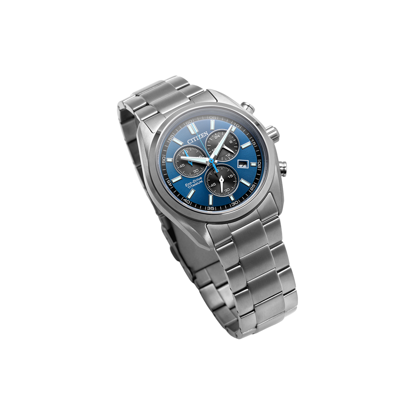 Een Citizen Eco-Drive Titanium horloge met een blauwe wijzerplaat en zilveren band.