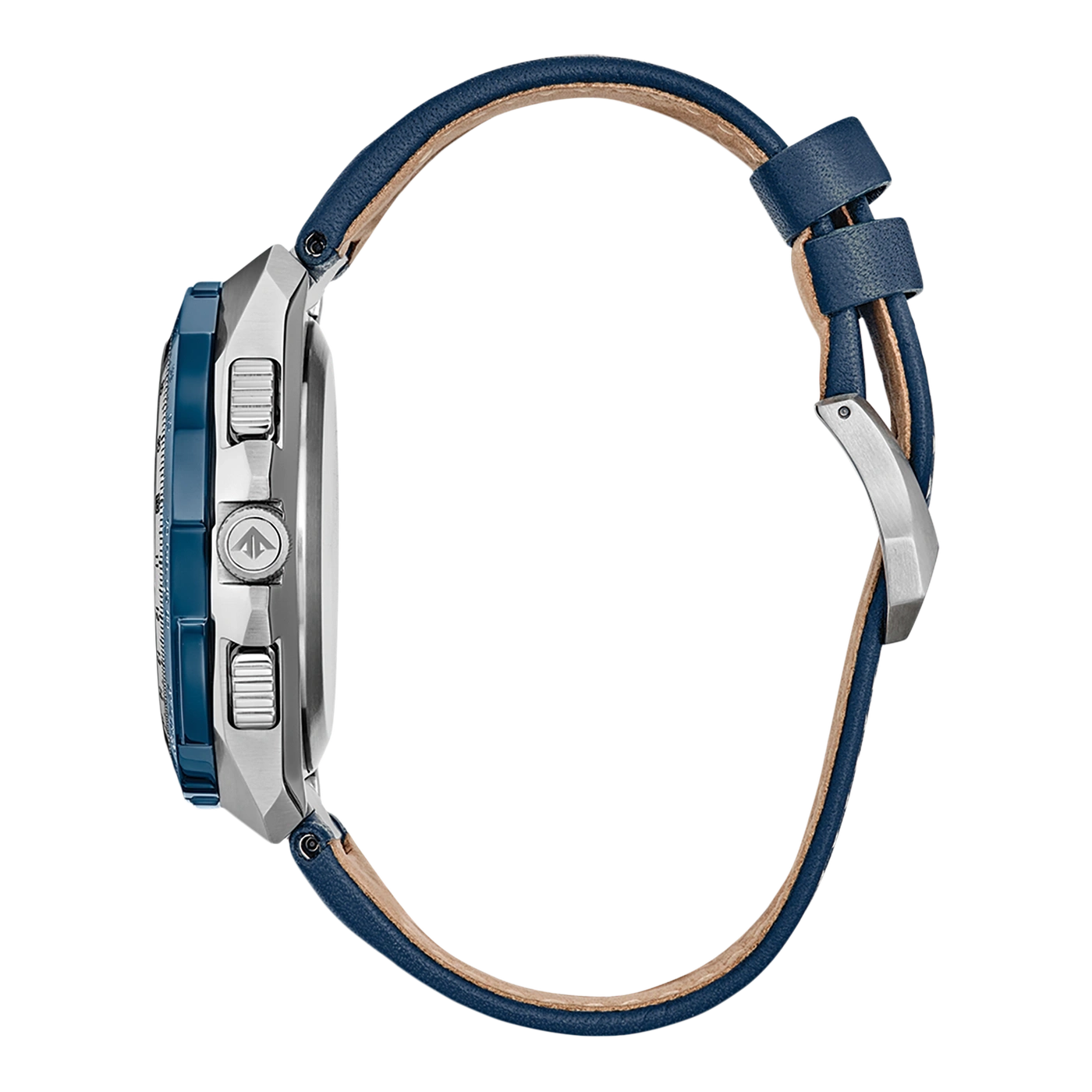 Zijaanzicht van een blauw horloge met een blauwe leren band