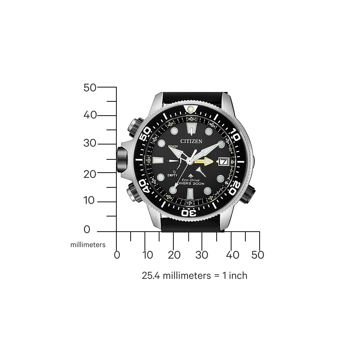 Citizen horloge met zwarte wijzerplaat, dieptemeter en Eco-Drive technologie.