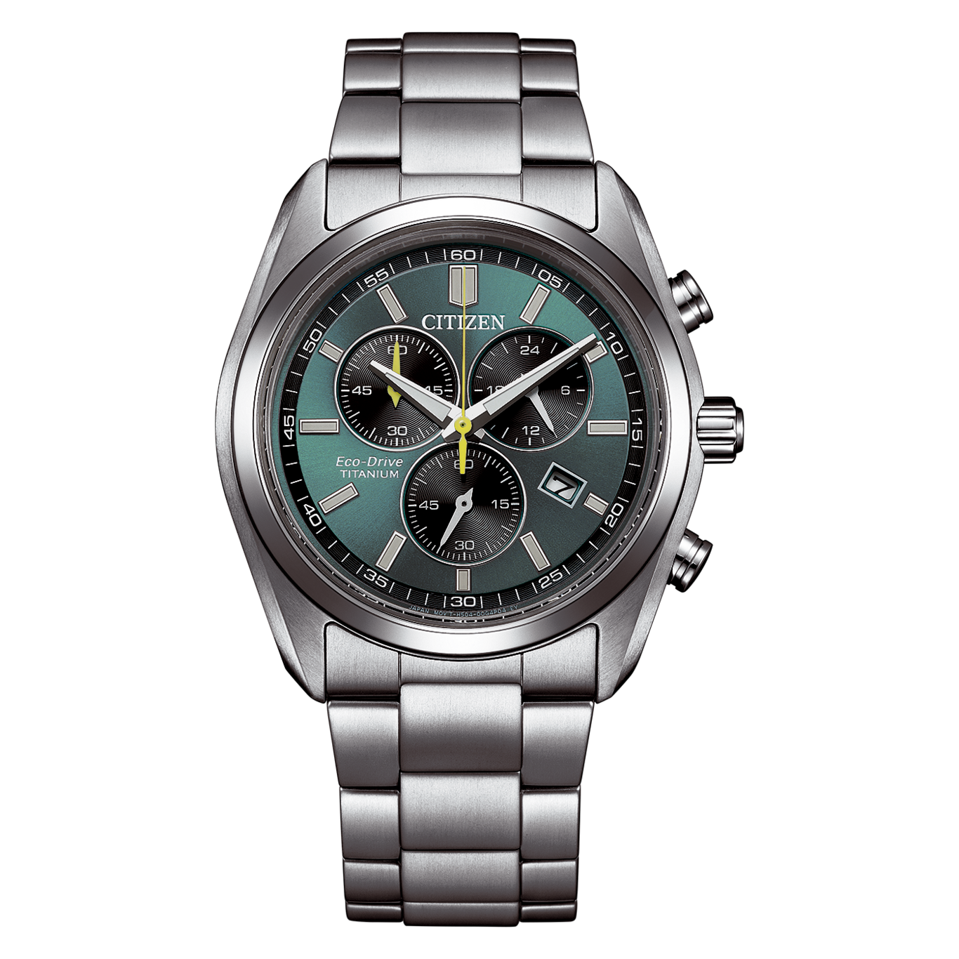 Een Citizen Eco-Drive Titanium chronograaf horloge met groene wijzerplaat.