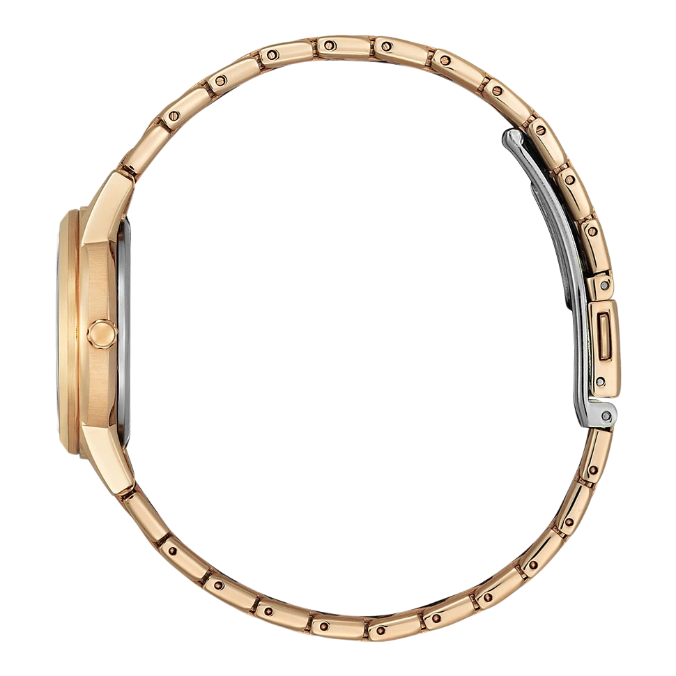 Gouden horloge met ronde wijzerplaat en delicate armband, zijaanzicht.