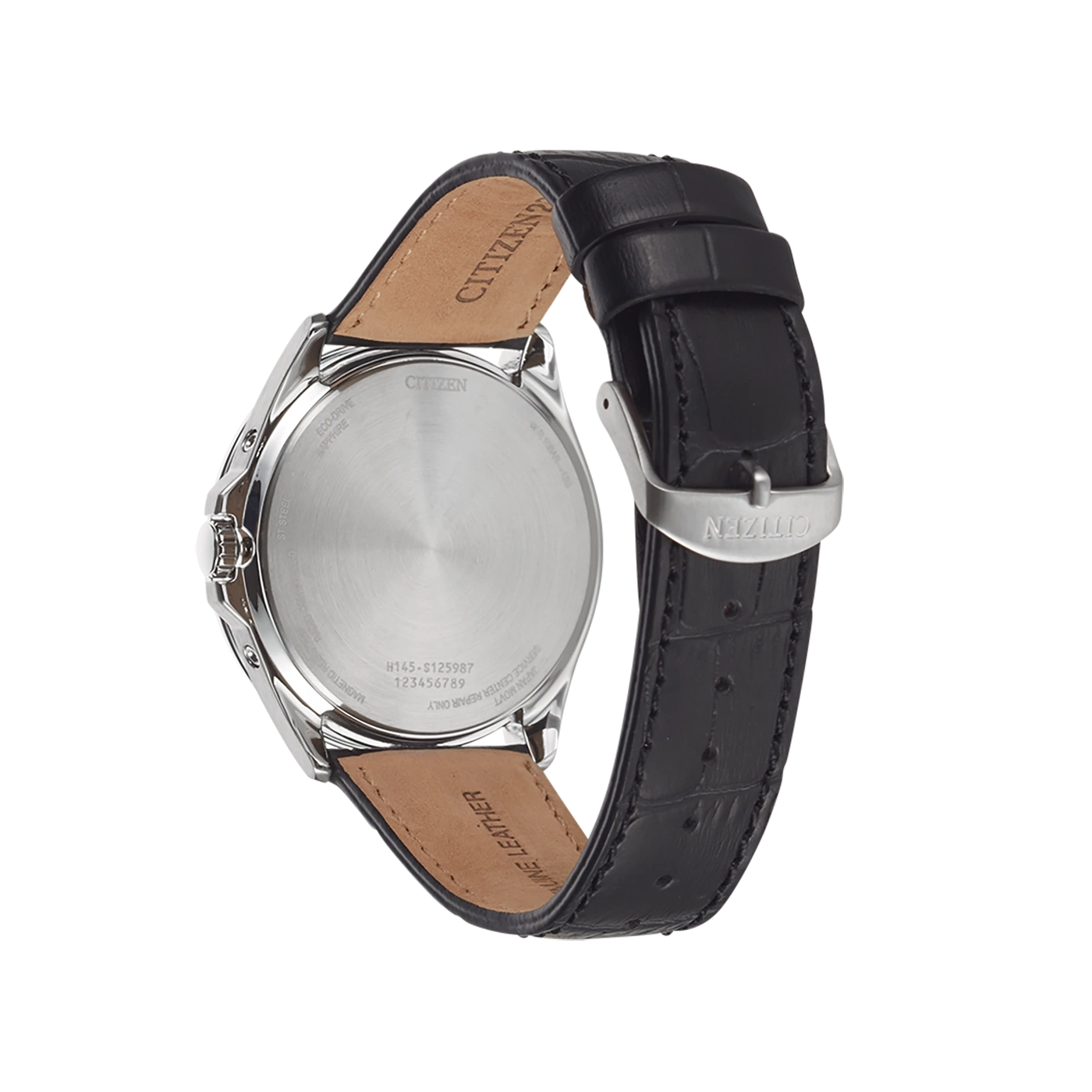 Citizen horlogerug met leren band, Eco-Drive, saffier, staal en modelnummer.