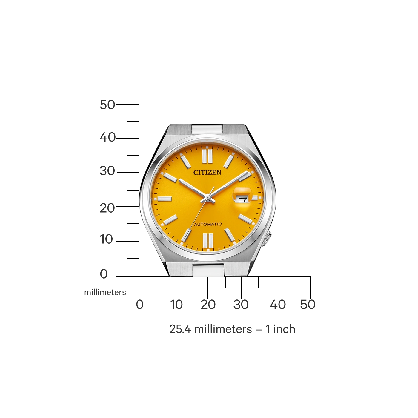 Citizen horloge met gele wijzerplaat, zilveren kast en meetschaal.