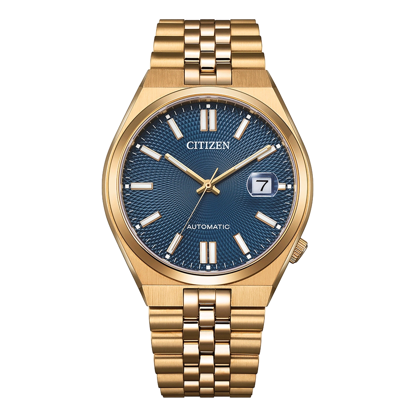 Gouden Citizen horloge met blauwe wijzerplaat en datumweergave, automatisch uurwerk.