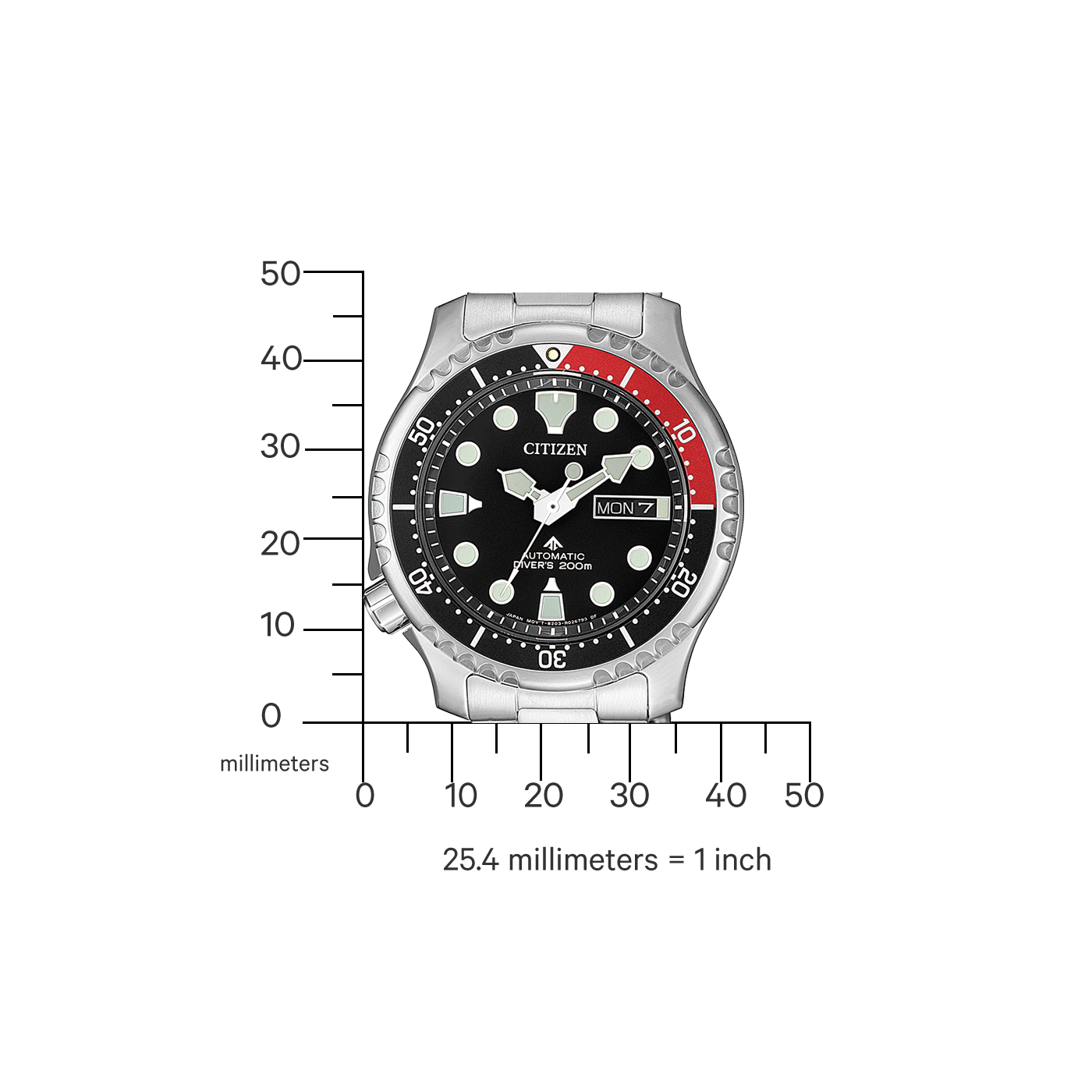 Citizen horloge met zwarte wijzerplaat, rode bezel en meetschaal in millimeters.