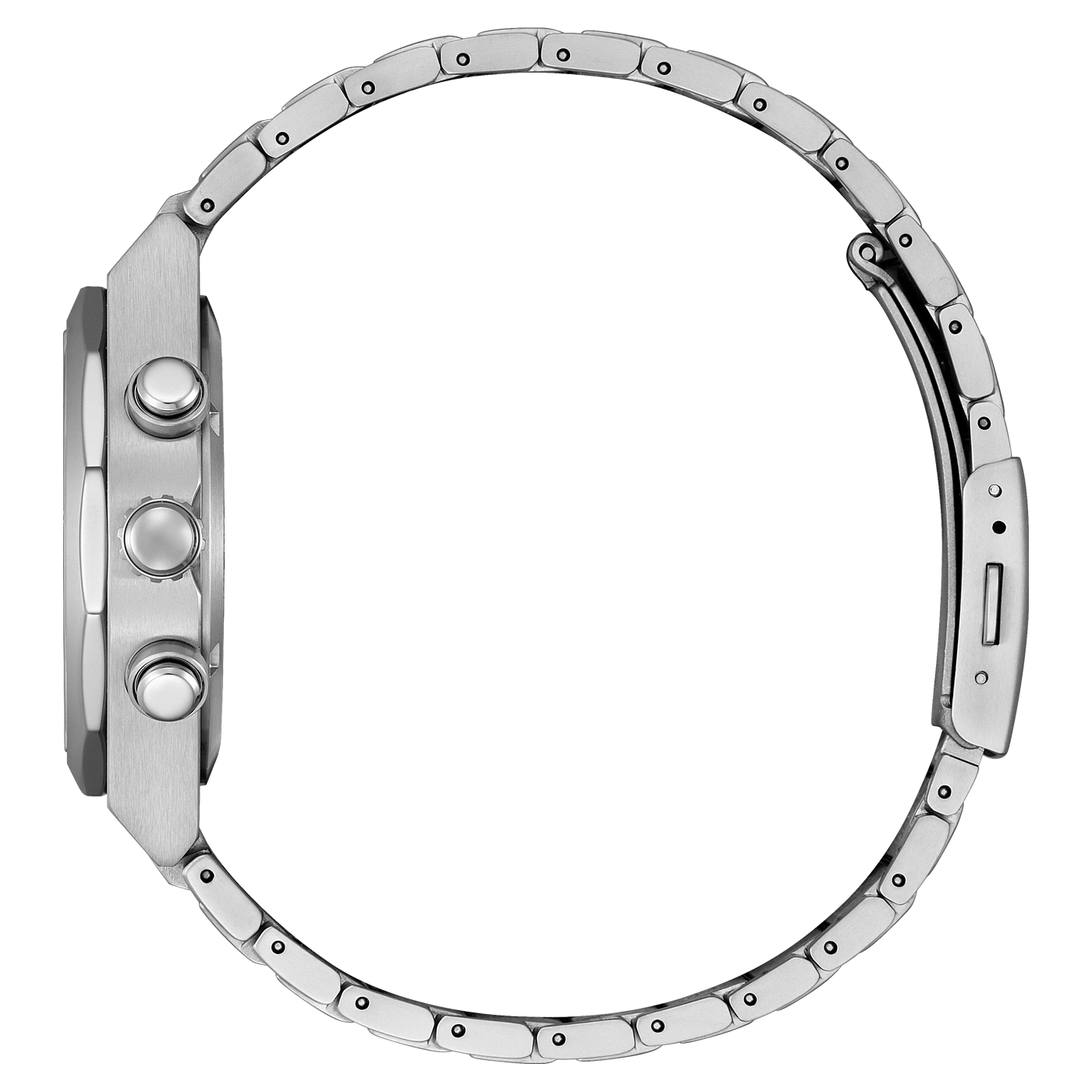 Zilveren horloge met metalen band, zijaanzicht, knoppen zichtbaar, elegant ontwerp.