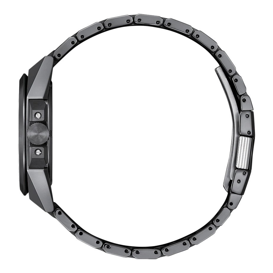 Zijaanzicht van een donkergrijs horloge met metalen band, close-up.