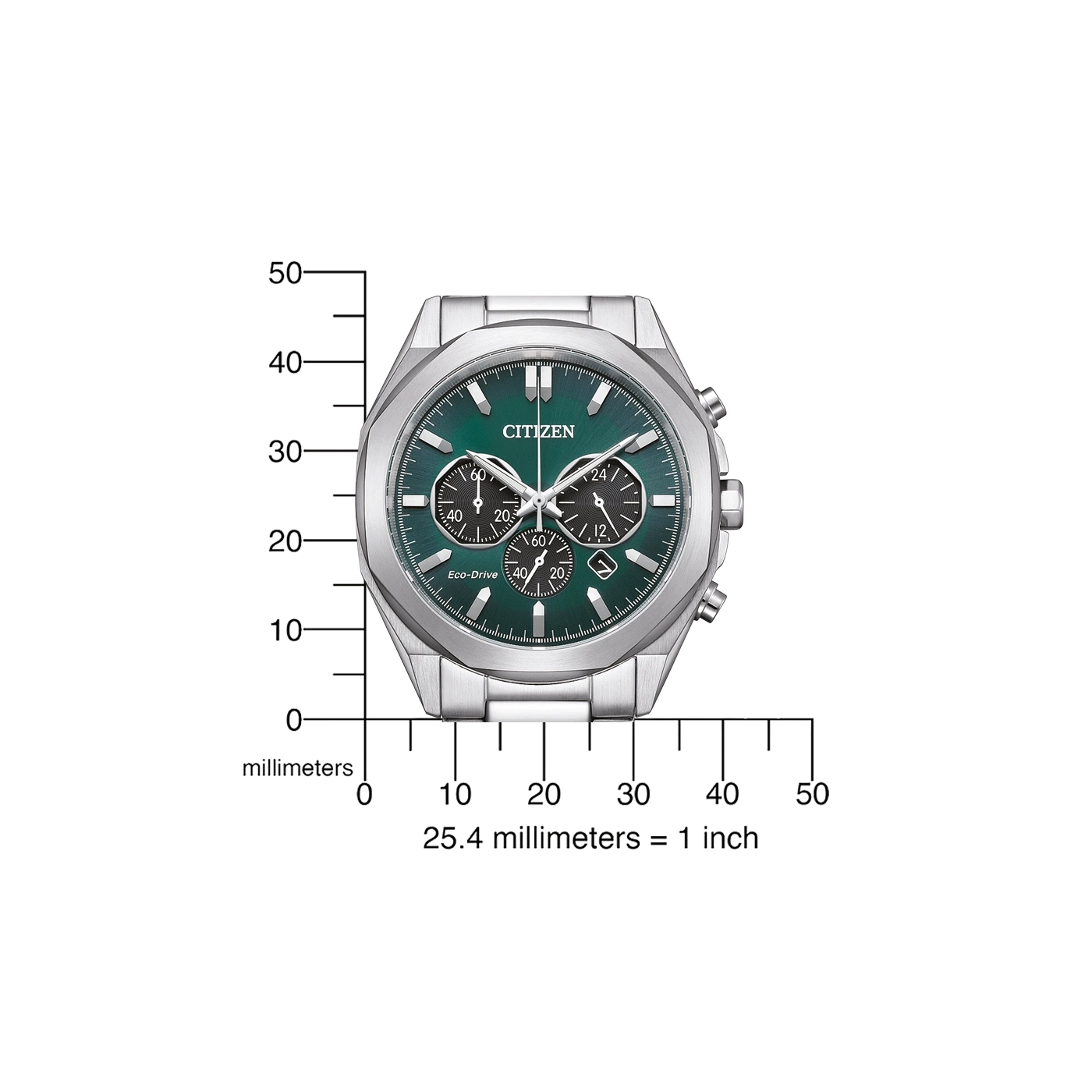Citizen horloge met groene wijzerplaat, zilveren band en chronograaf functies, gemeten in millimeters.