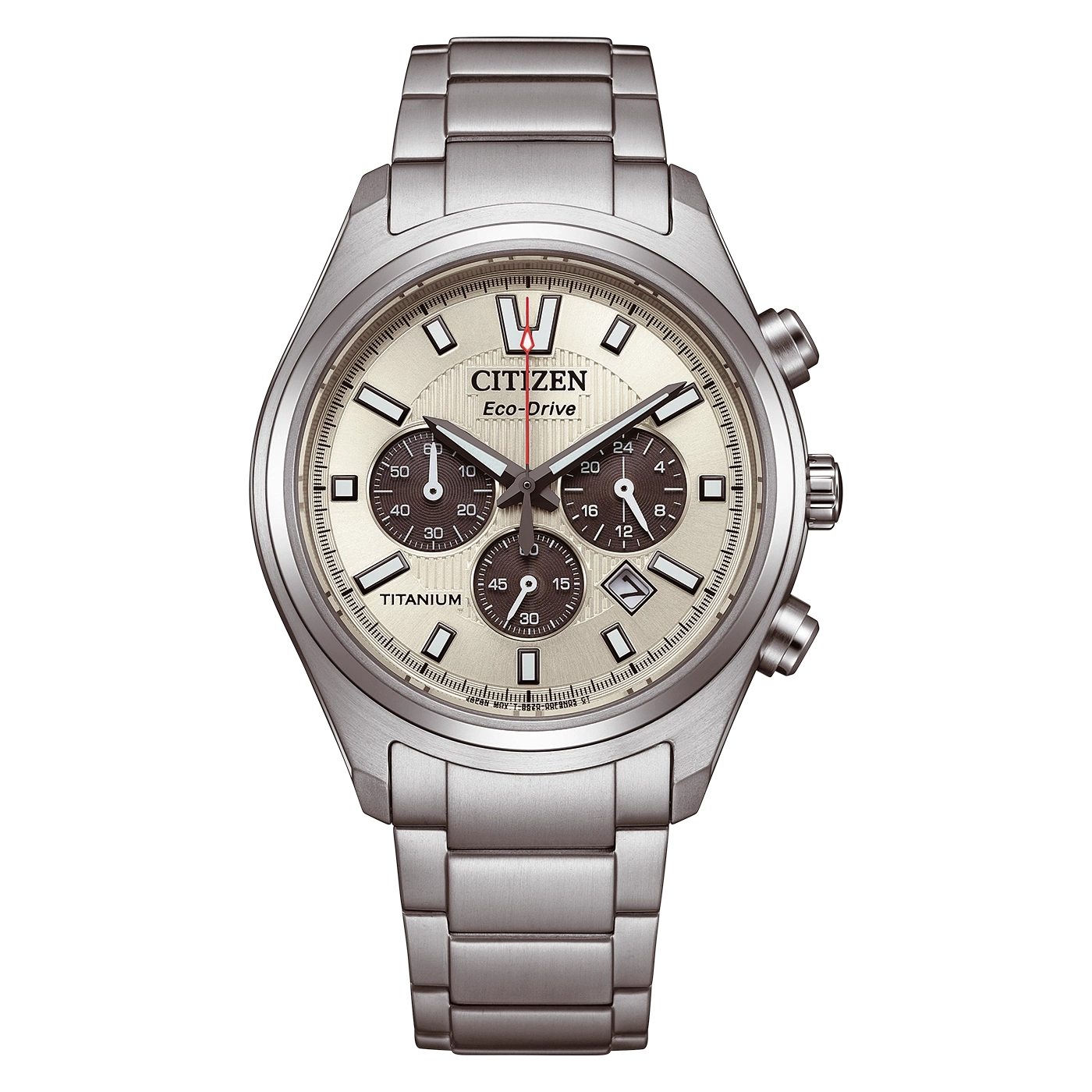 Een Citizen Eco-Drive titanium chronograaf horloge met champagnekleurige wijzerplaat en zilveren band.