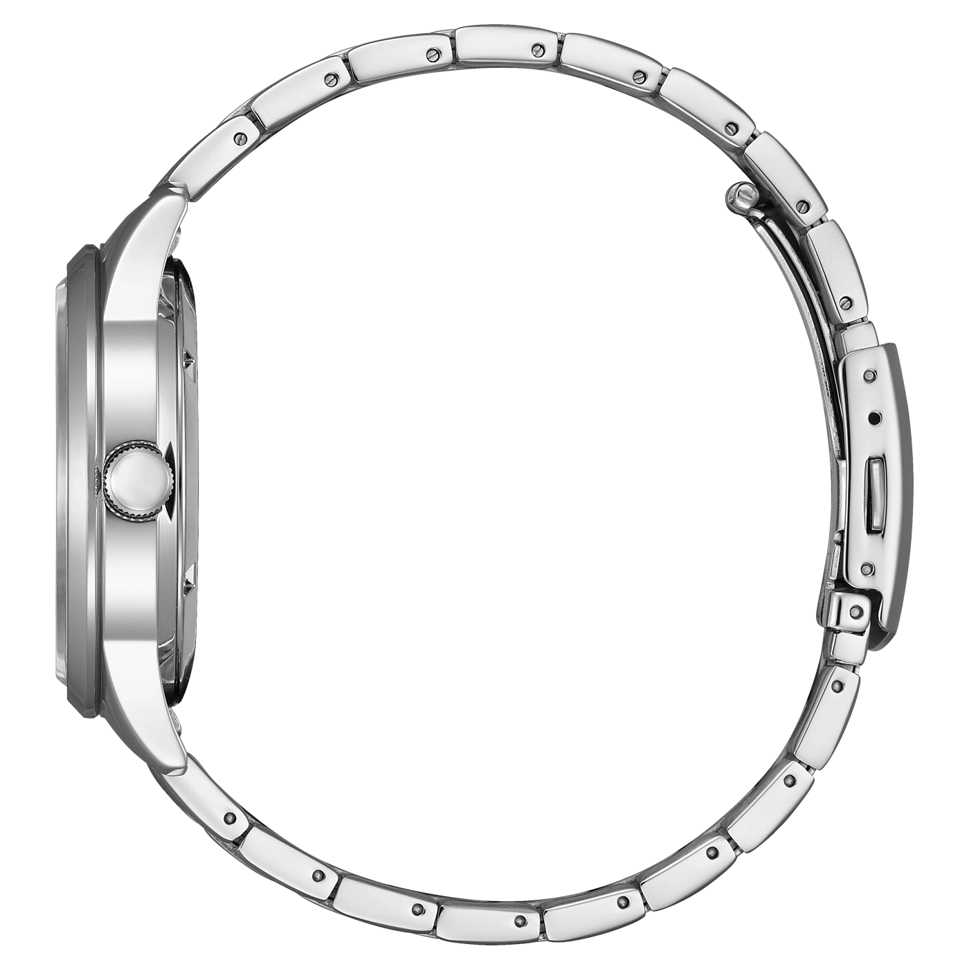 Zijaanzicht van een zilveren polshorloge met metalen band, elegant design.