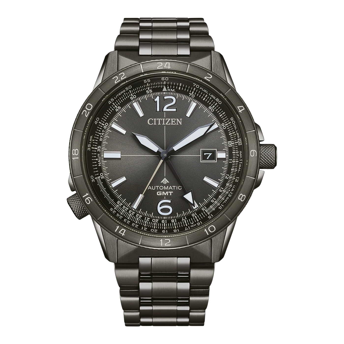 Citizen horloge met een donkergrijze wijzerplaat en metalen band, toont tijd en datum.