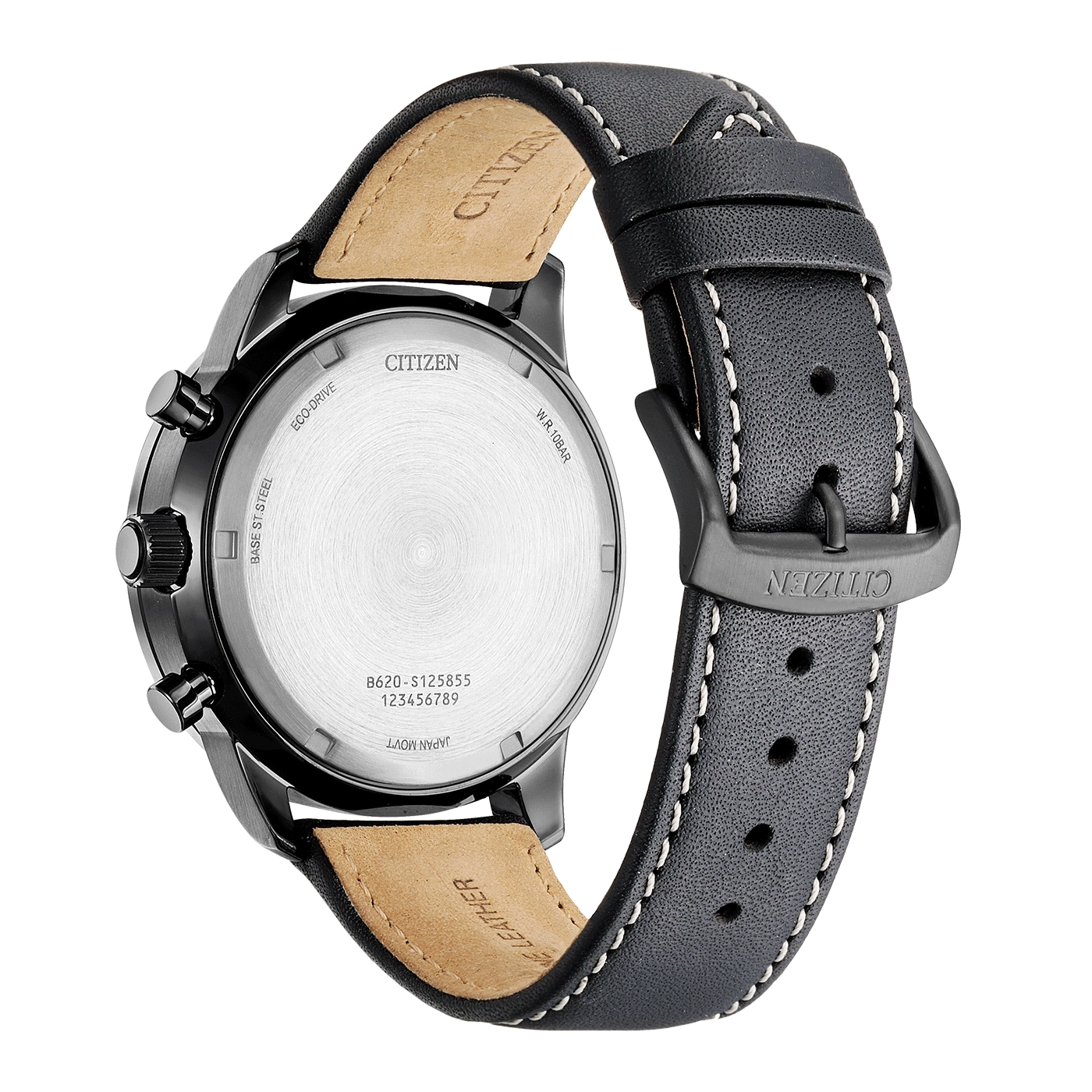 Citizen horloge achterkant, zwarte leren band, Eco-Drive, roestvrij staal, Japanse uurwerk.