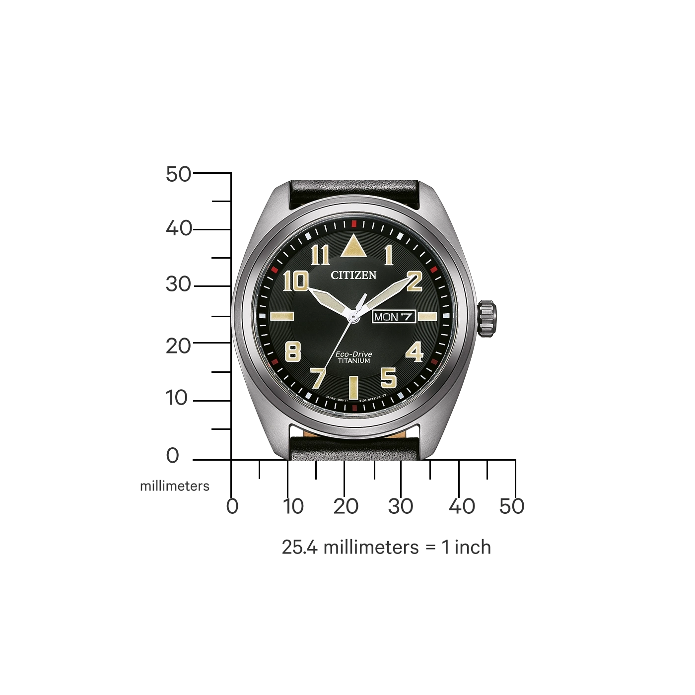 Citizen horloge met zwarte wijzerplaat, titanium, Eco-Drive en dag/datum weergave.