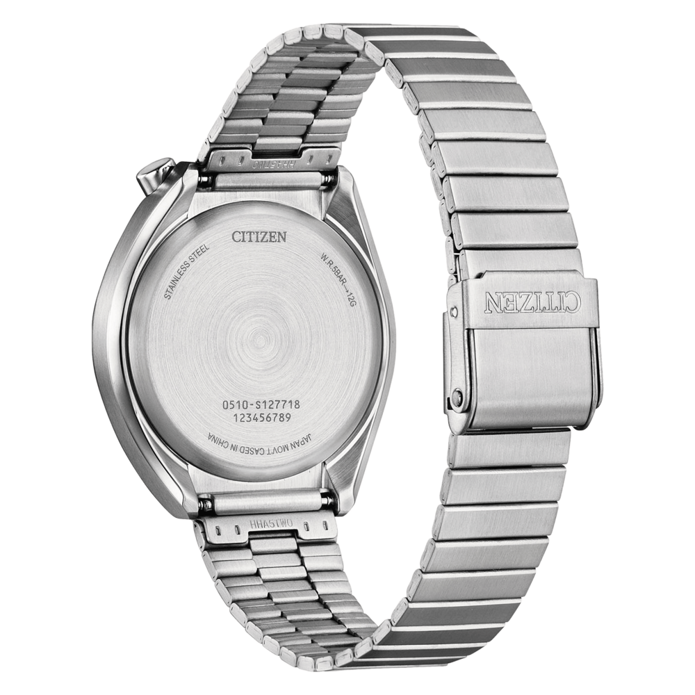 Achterkant van een roestvrijstalen Citizen-horloge met model- en serienummers.