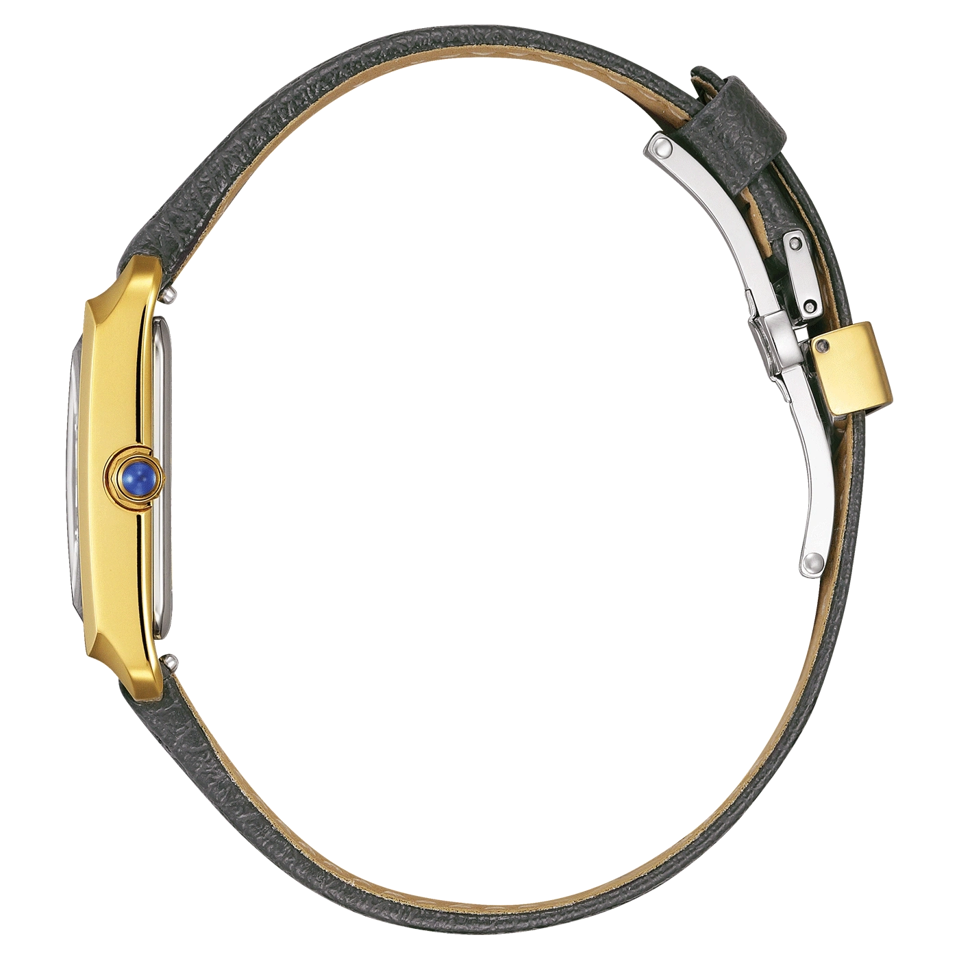 Gouden horloge met een blauwe edelsteen en een zwarte leren band, zijaanzicht.