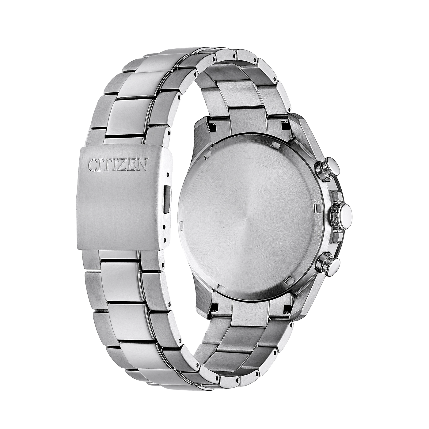 Citizen horloge, roestvrij staal, achteraanzicht, metalen armband, chronograafknoppen