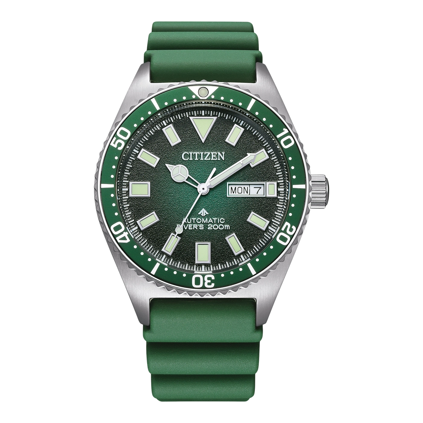 Groen Citizen horloge met groene band en groene wijzerplaat, zilveren bezel.