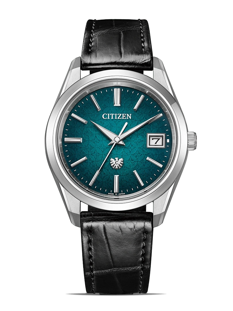Citizen horloge met een teal wijzerplaat en zwarte leren band, elegant design.