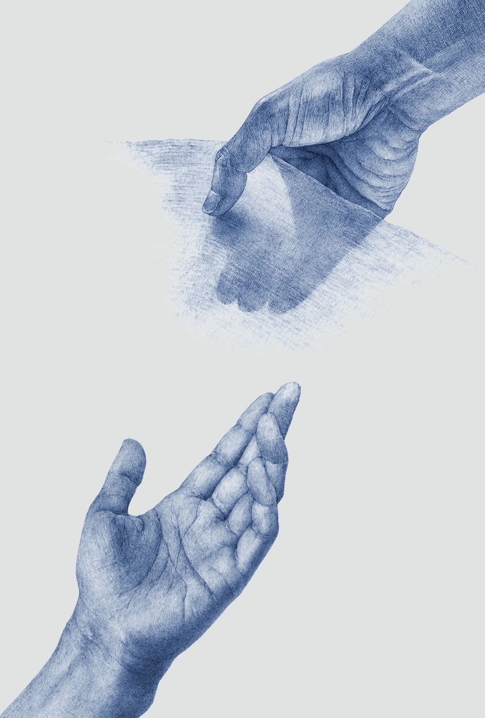 Twee handen die uitreiken, een blauwe tekening op een grijze achtergrond.
