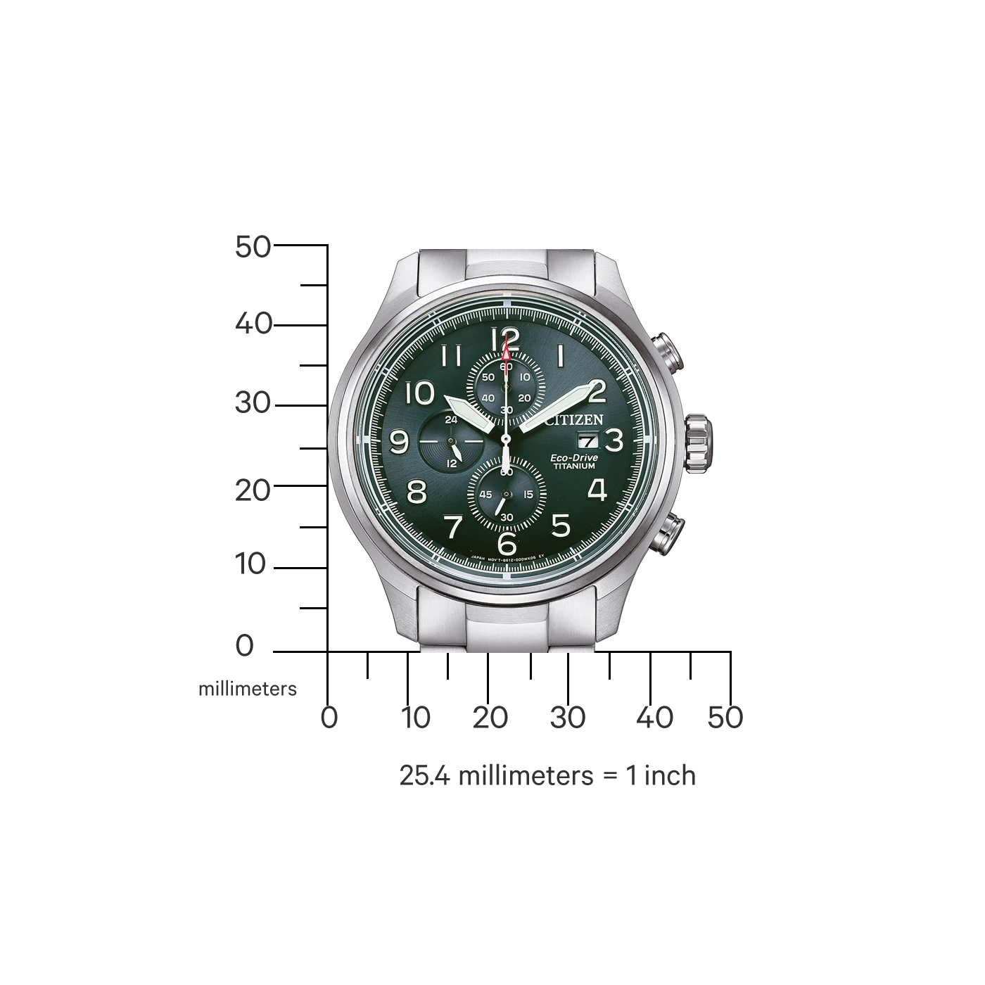 Citizen horloge met groene wijzerplaat, titanium, chronograaf, Eco-Drive, met metingen.