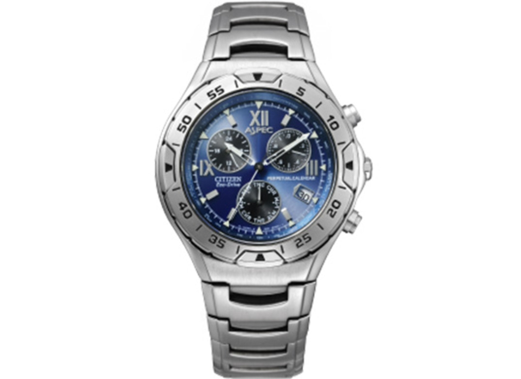 Zilveren Citizen horloge met blauwe wijzerplaat, chronograaf en eeuwigdurende kalender.