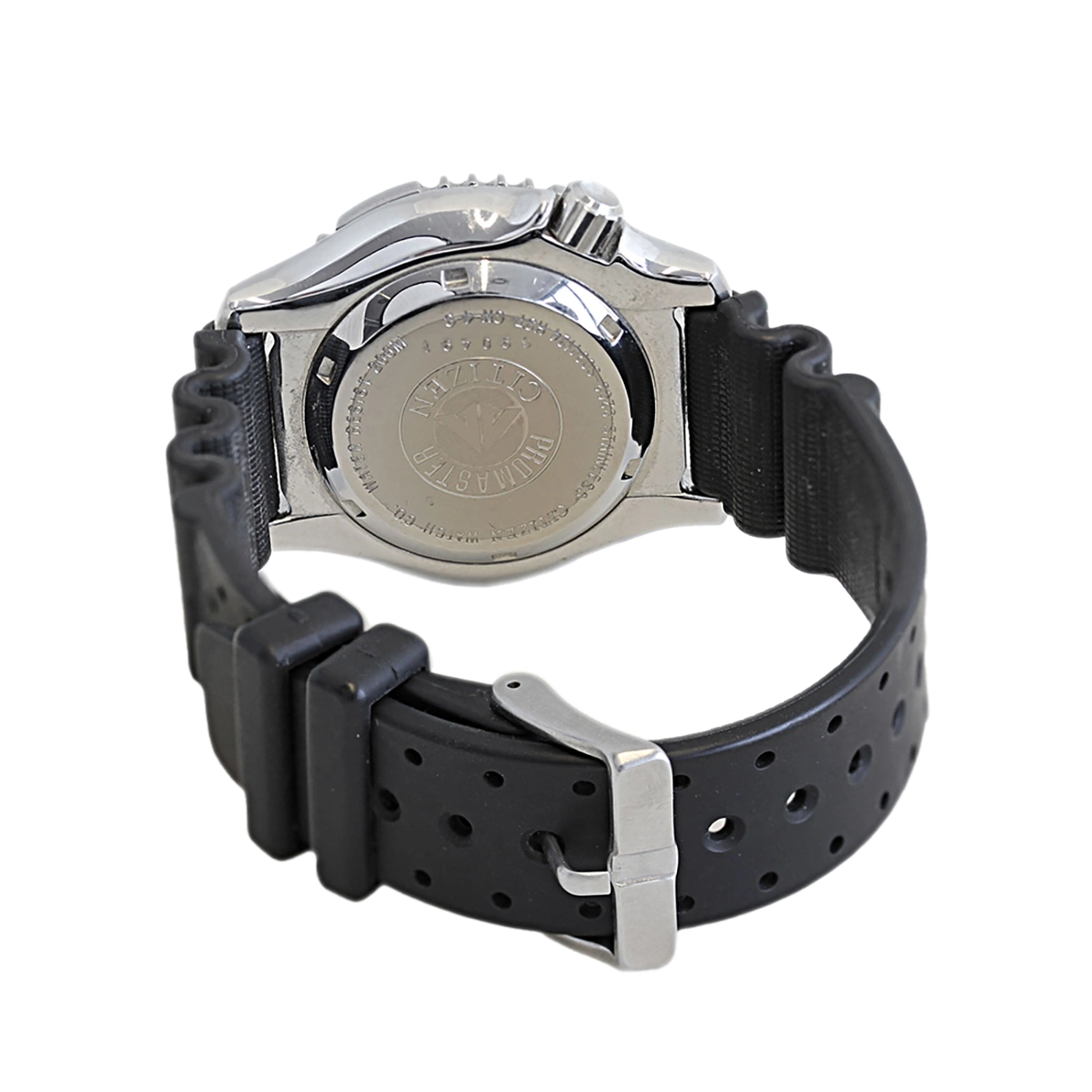 Citizen Promaster horloge, zwarte band, roestvrijstalen kast, achteraanzicht, close-up