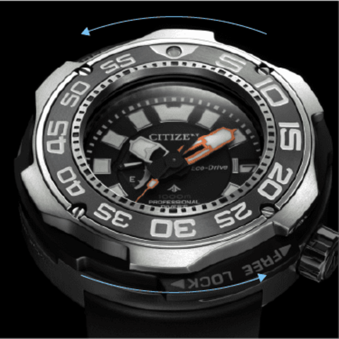 Citizen horloge met draaibare ring, Eco-Drive en diepteclassificatie van 1000 m, met vergrendeling.