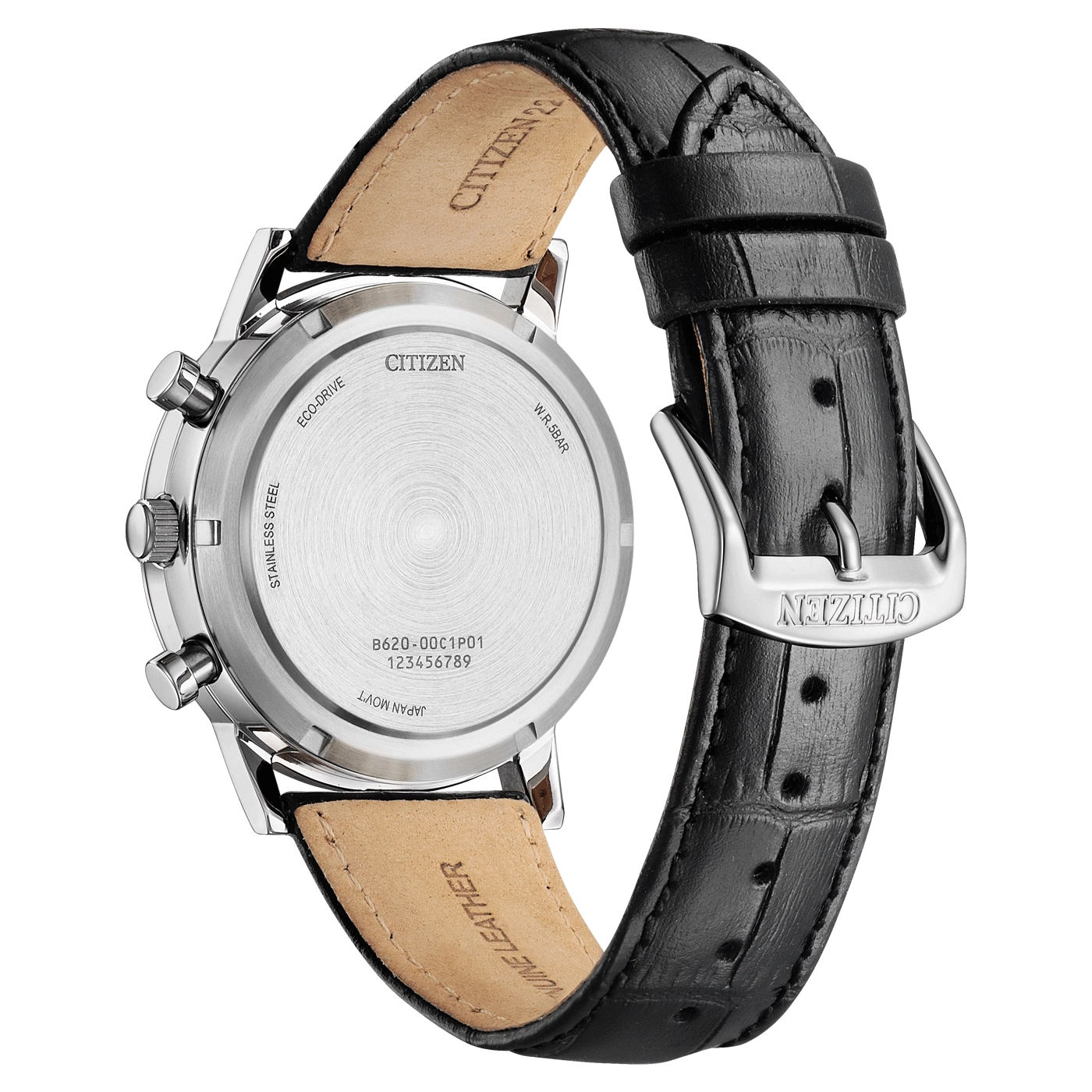 Citizen horlogerug, roestvrij staal, leren band, Eco-Drive, W.R.5BAR, Japan Movt.