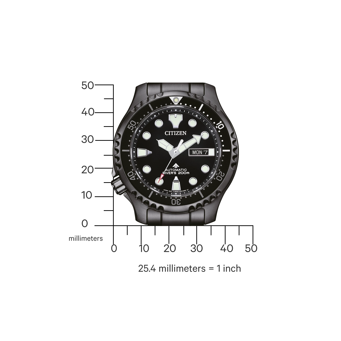 Citizen horloge met zwarte wijzerplaat, duikershorloge, met datumweergave en schaal.