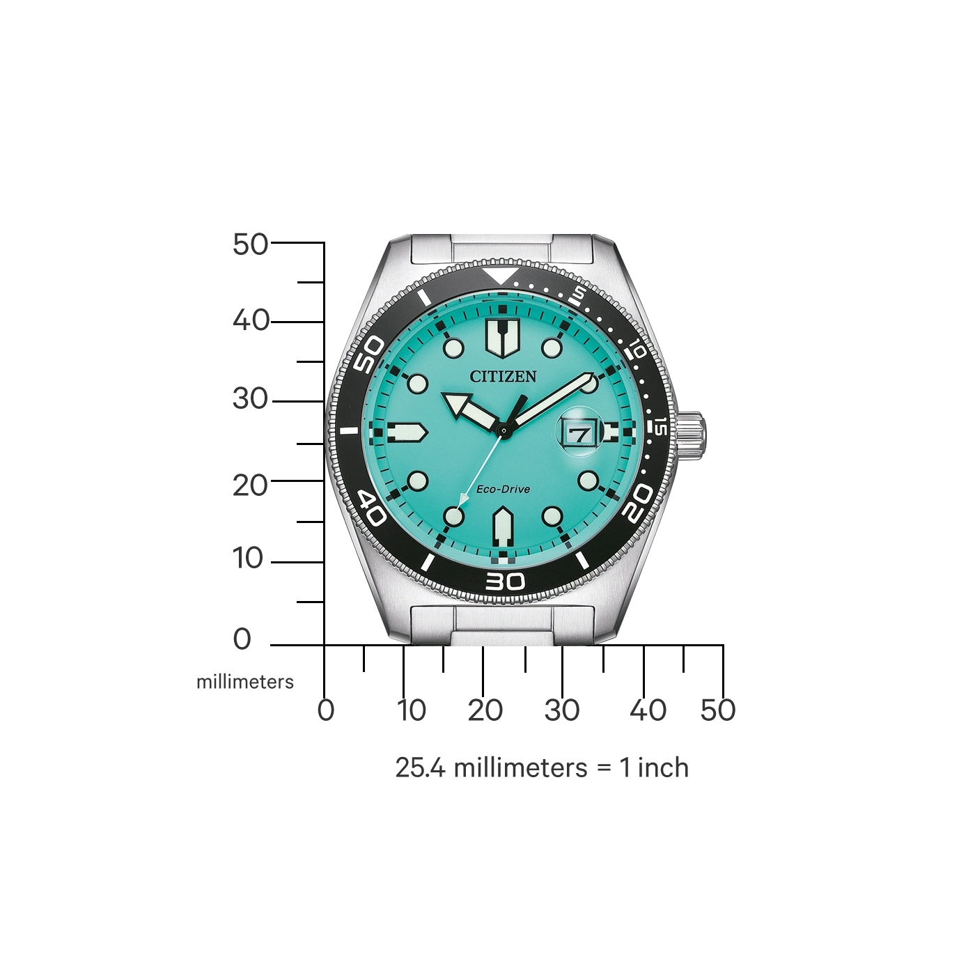 Citizen horloge met turquoise wijzerplaat, zwarte bezel en zilveren band. Eco-Drive.
