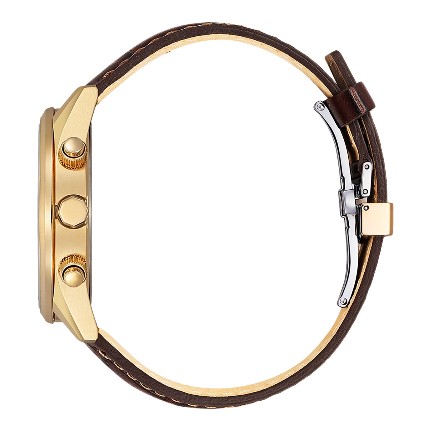 Gouden horloge met bruine leren band, zijaanzicht, close-up