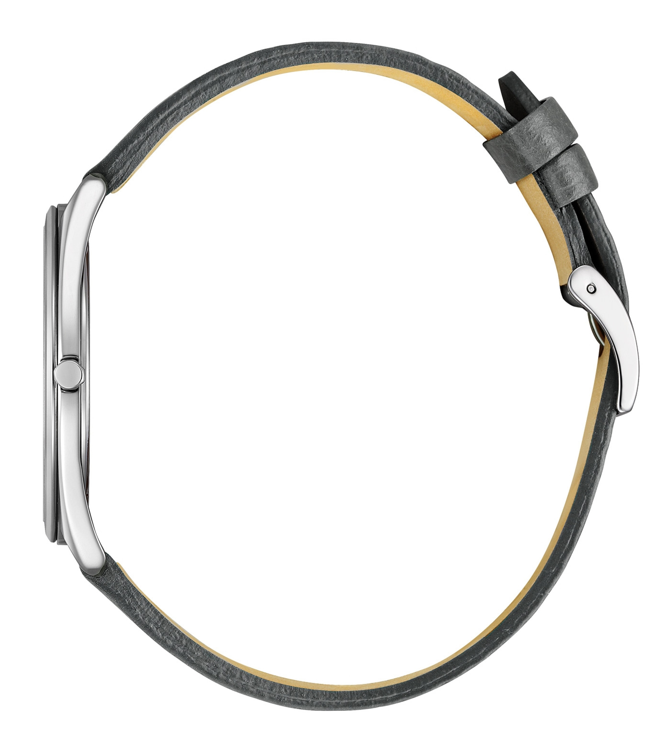 Zijaanzicht van een zilveren horloge met een grijze leren band.